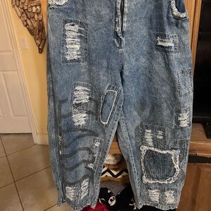 Patchwork Distressed Denim Overalls - Light Blue